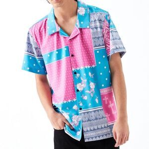 Pacsun Blue & Pink Colorblock Paisley Button Down Camp Shirt Size Medium